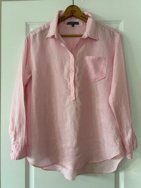 Elliott Lauren Pink Linen Popover Tunic Sz 10 w MEASUREMENTS Pocket, Hi Lo Hem